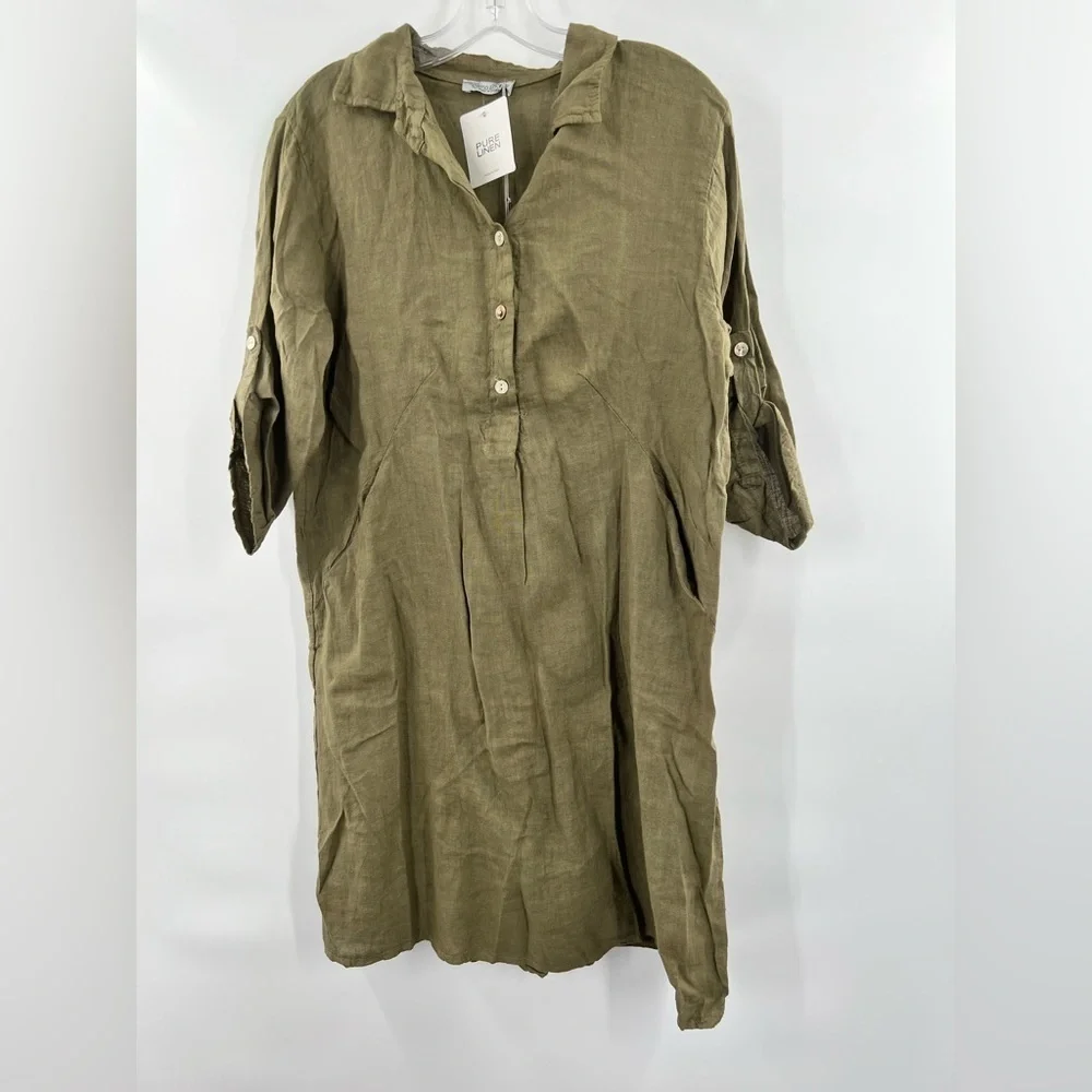 Elena Baldi green linen shirt dress roll sleeves new with tags size L - Picture 4 of 11
